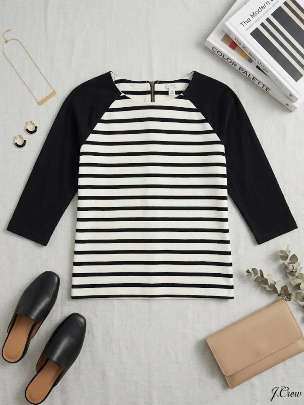 J.Crew Black & White Striped Raglan Long Sleeve Tee